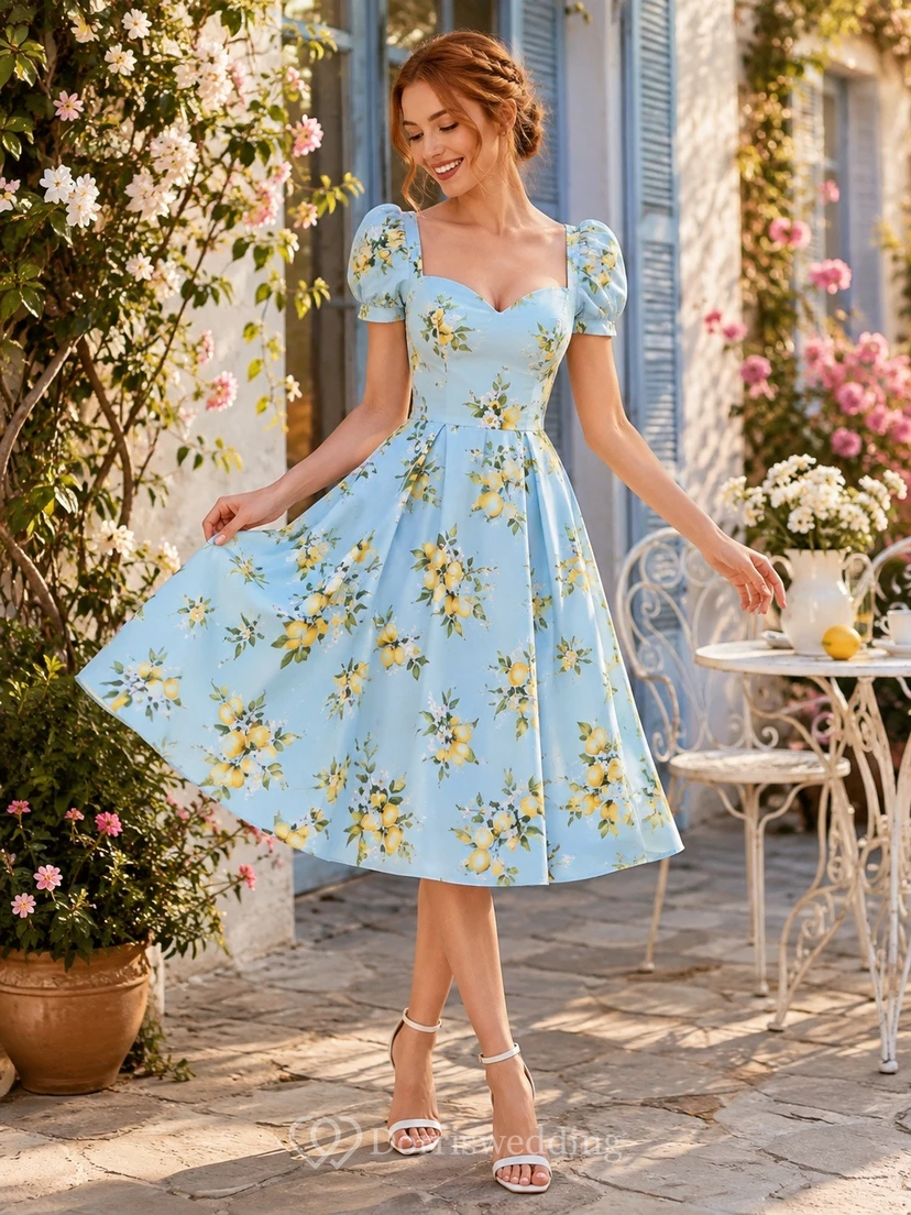 Vestido de gasa azul limón con estampado floral, cuello cuadrado, manga corta, corte en A y largo hasta la rodilla