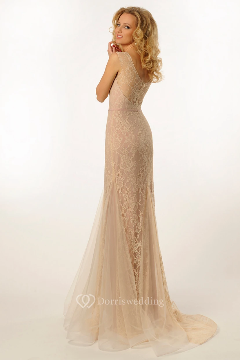 Sheath Scoop-Neck Sleeveless Long Tulle&Lace Prom Dress view 2