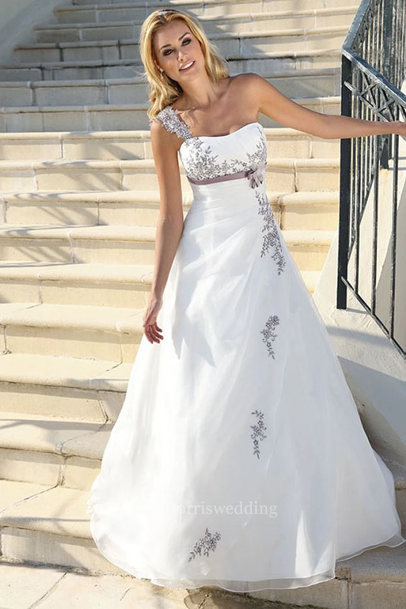Long One-Shoulder Appliqued Side-Draped Satin Wedding Dress With Ribbon