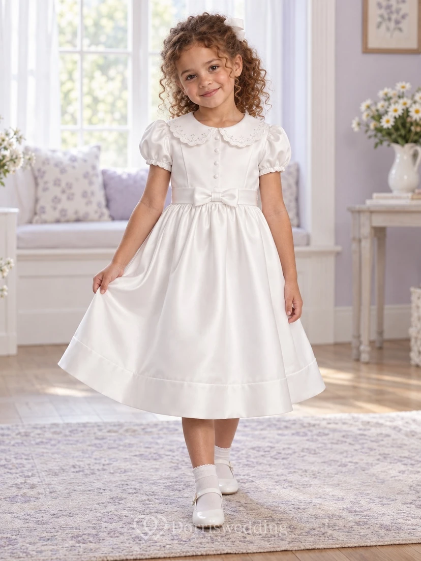 Vestido de niña de flores vintage blanco de corte A con cuello, mangas abullonadas y bajo con banda, largo hasta la rodilla.