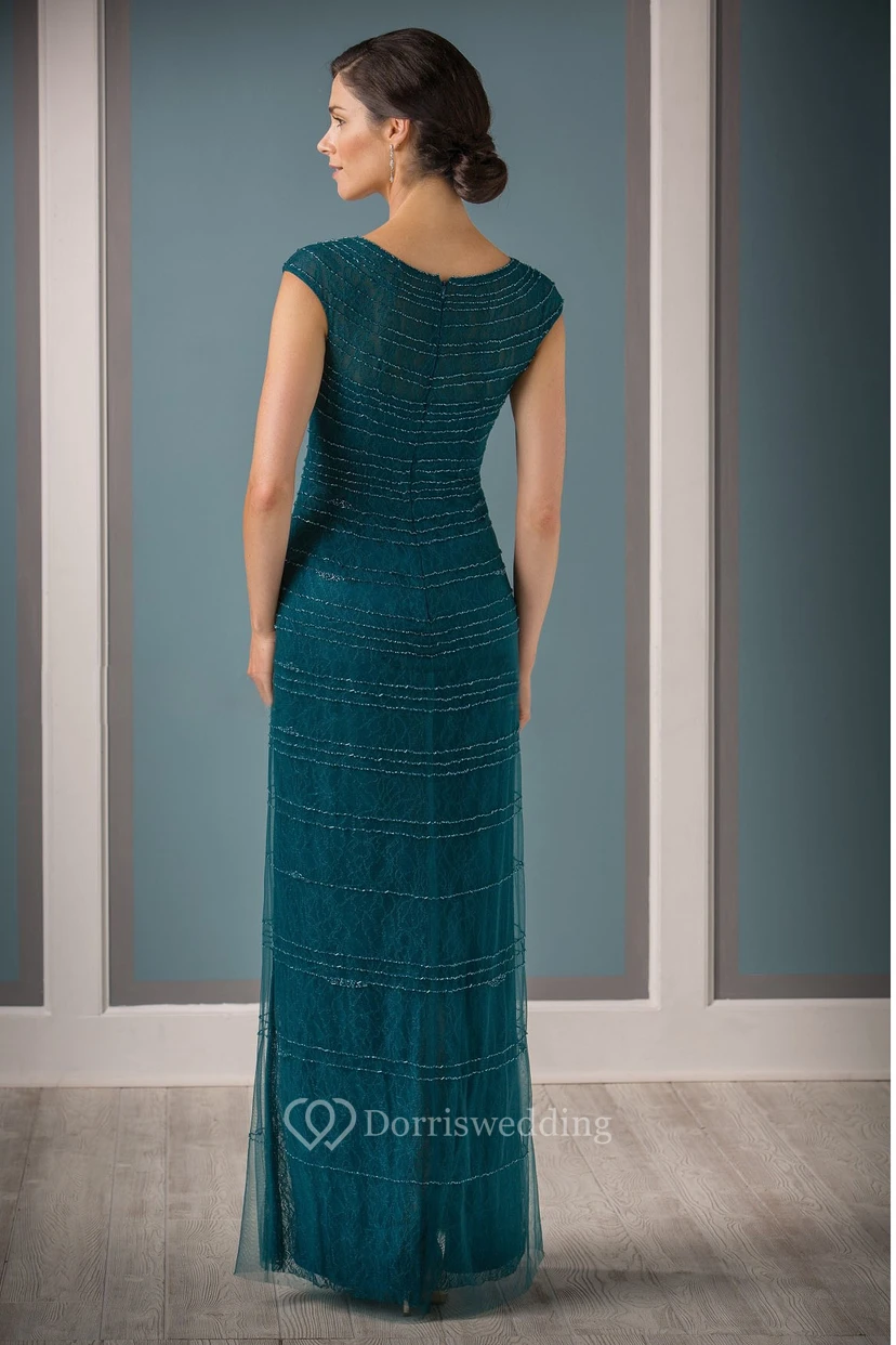 Noble Cap-Sleeved Long Lace Mother Of The Bride Dress With Beadings view 2