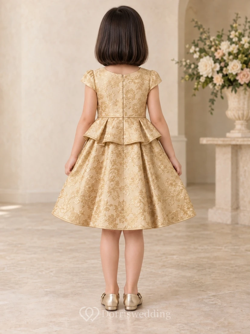 Vintage Gold Jewel Neck Cap Sleeve Peplum Flower Girl Dress view 2