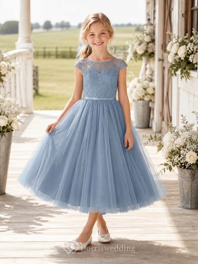 Steel Blue Flower Girl Dress Tea-Length Lace Tulle A-Line Illusion Bateau Cap Sleeve Button Back Satin Waist