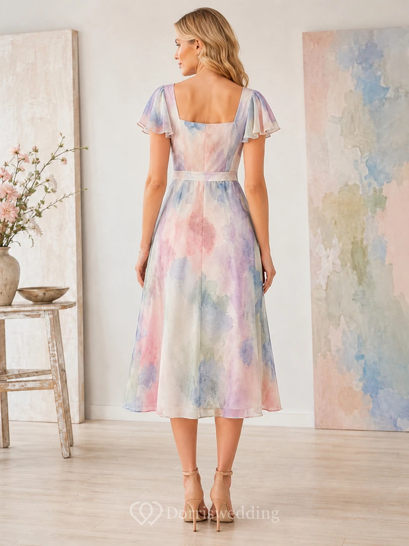 Robe midi à encolure carrée et volants, style aquarelle abstraite pastel view 2