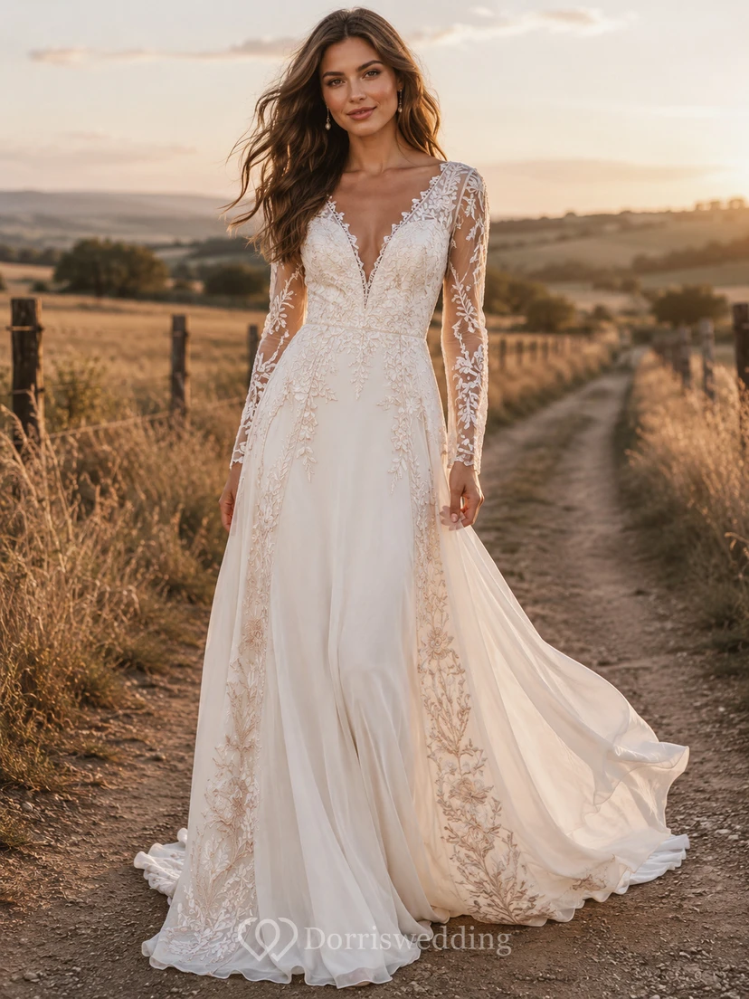 Robe de mariée champêtre en dentelle, coupe trapèze, col en V, manches longues, traîne chapelle