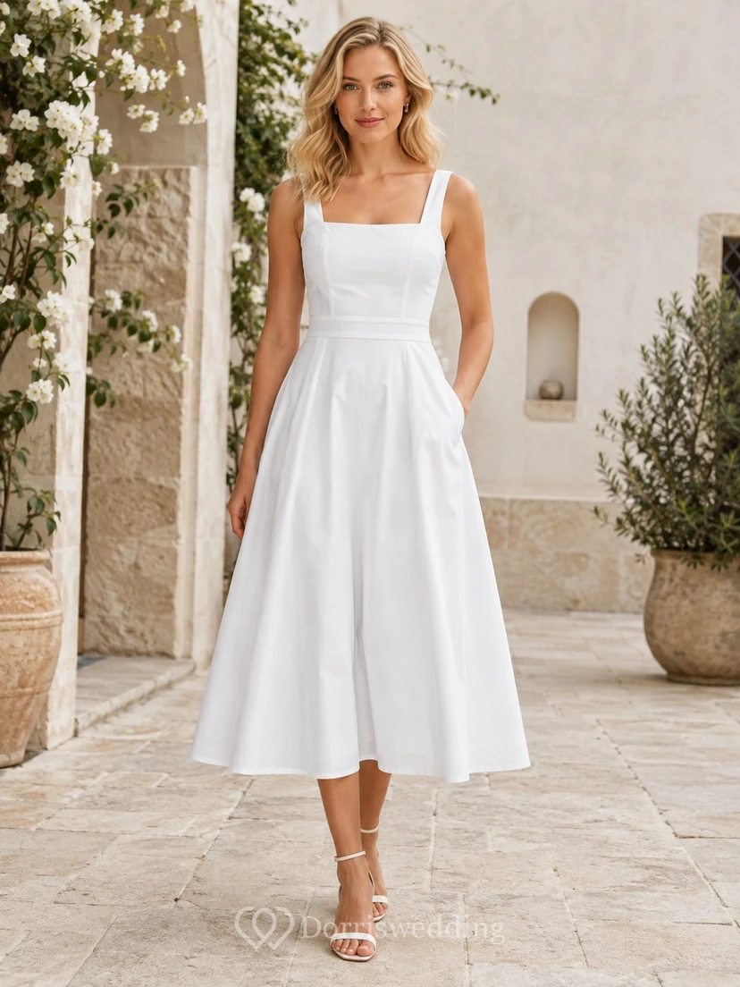 Weißes, schlichtes, eckiges Satin-Gästekleid mit Trägern, A-Linie und Teelänge