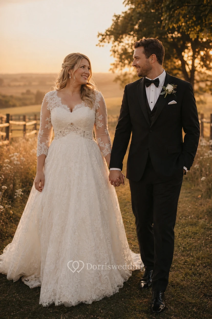 Robe de mariée bohème d'hiver grande taille en dentelle | Robe de mariée champêtre pour femmes rondes view 3