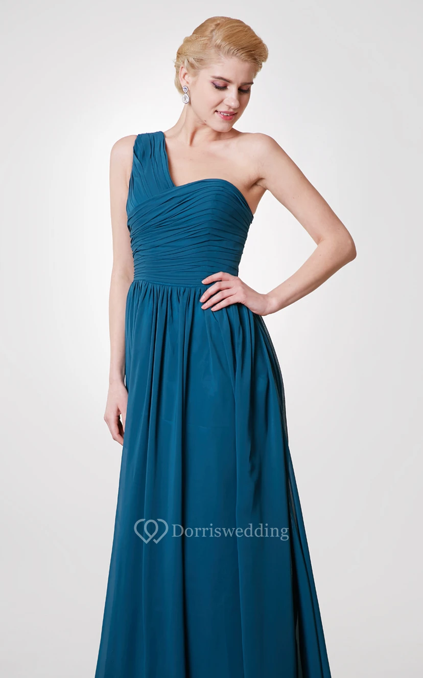 Unique One Shoulder A-line Chiffon Long Dress With Ruching view 4