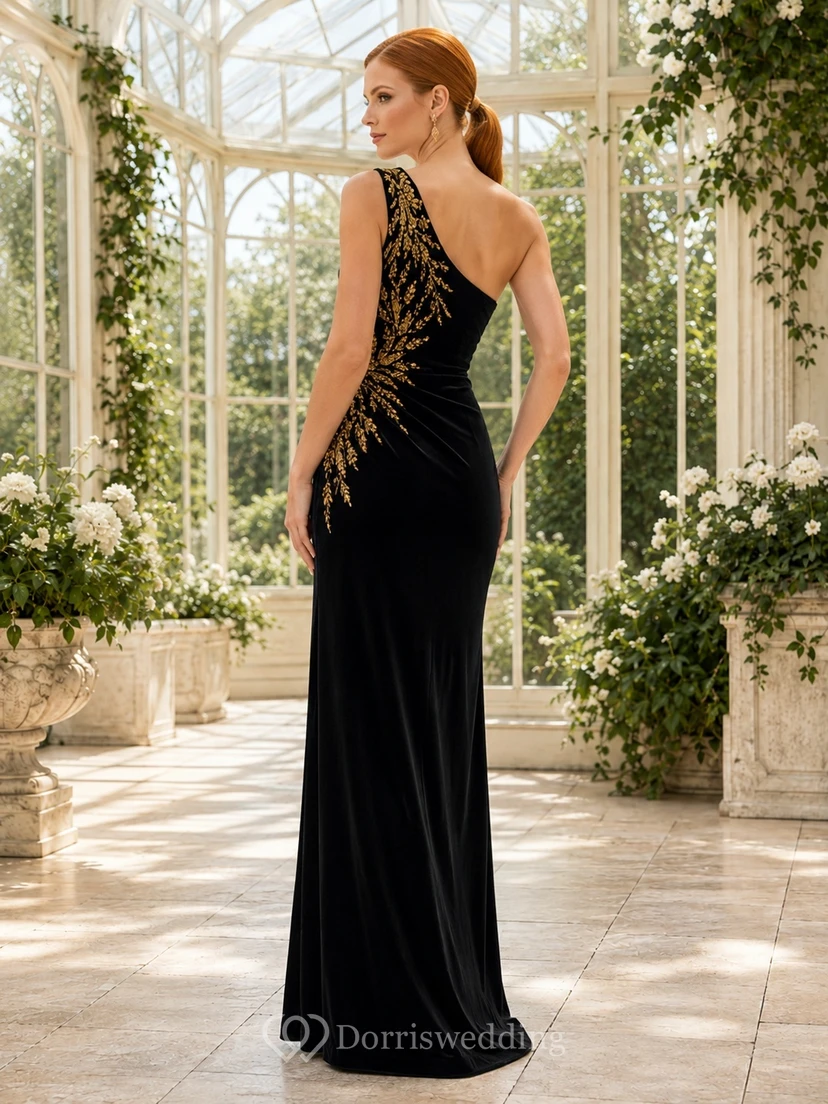 Robe de soirée longue fendue dorée, asymétrique, sans manches, en satin noir, à une épaule. view 2
