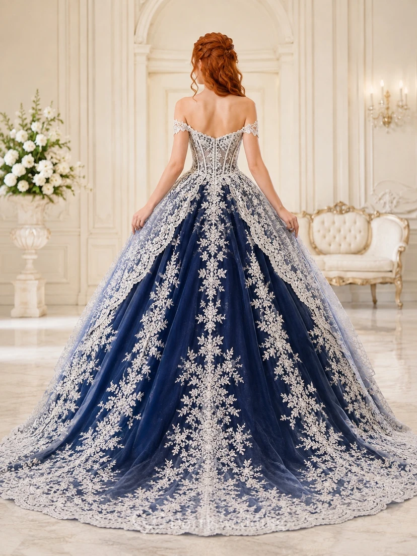 Marineblaues, botanisches Ballkleid mit schulterfreiem Schnitt, kurzen Ärmeln und Spitze – romantisches Hochzeitskleid view 2