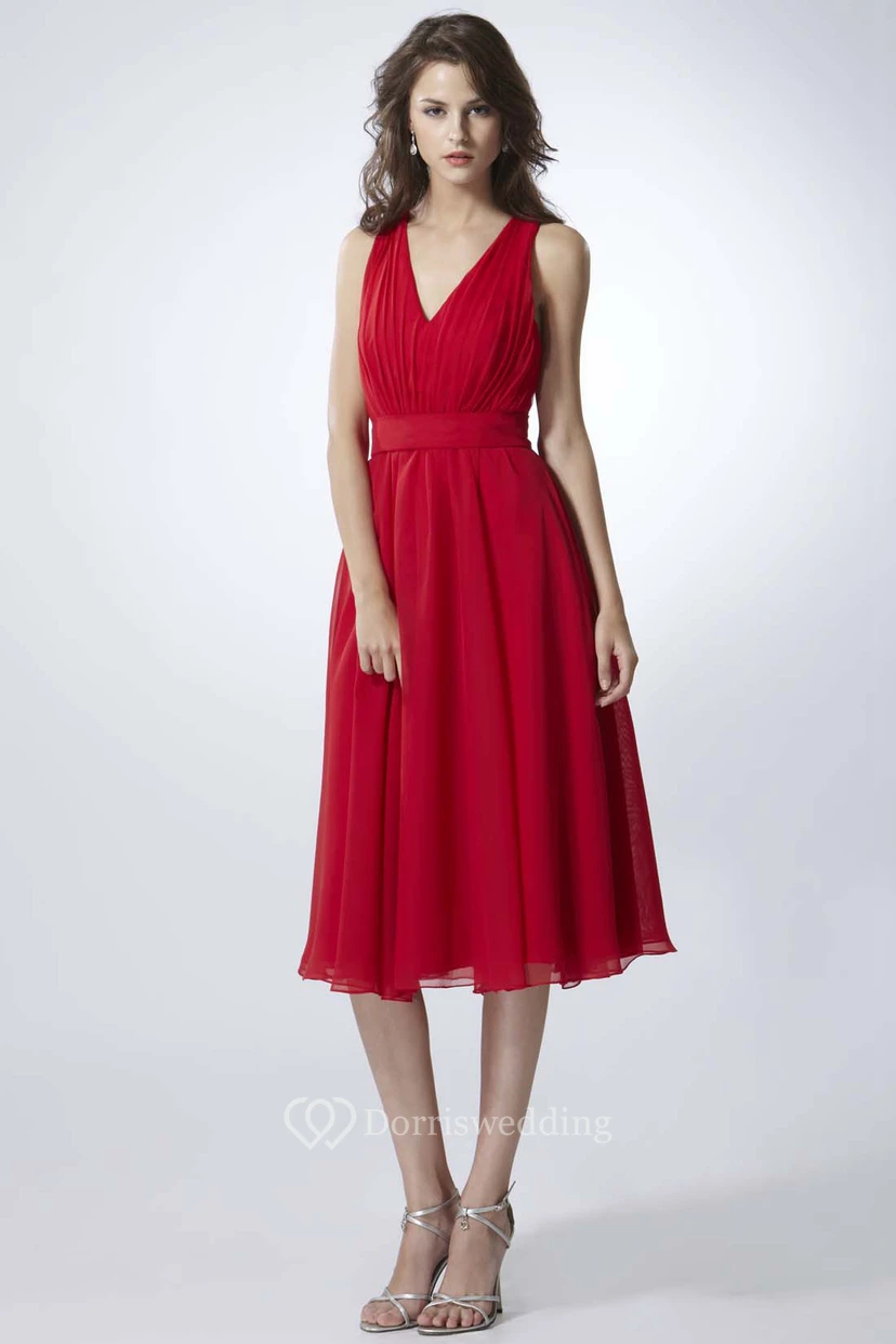 Knee-Length A-Line Ruched V-Neck Sleeveless Chiffon Bridesmaid Dress view 3