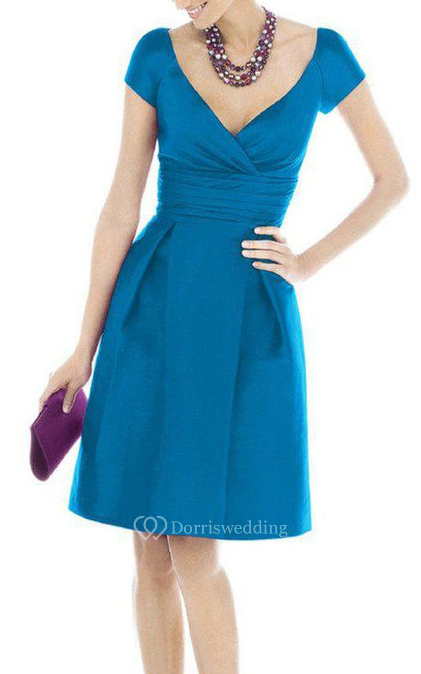 Cap Sleeve V-neck Short Satin Dress with Pleats