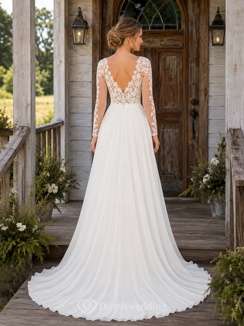 Rustikales Brautkleid aus Chiffon mit V-Ausschnitt, langen Ärmeln aus Illusionsspitze, A-Linie und tiefem V-Ausschnitt am Rücken view 2