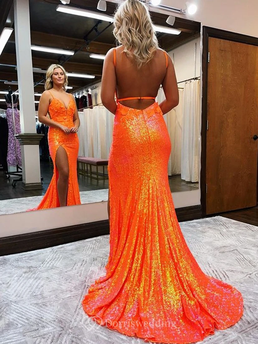 Lace Spaghetti Front Split Backless Applique Prom Dress view 2