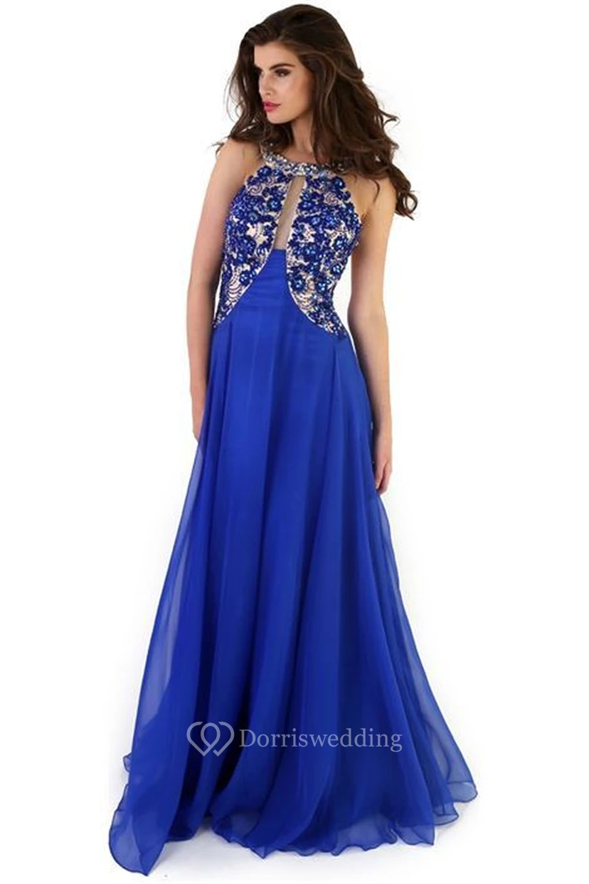 A-Line Sleeveless Floor-Length Crystal Scoop Chiffon Prom Dress With Backless Style And Pleats view 3