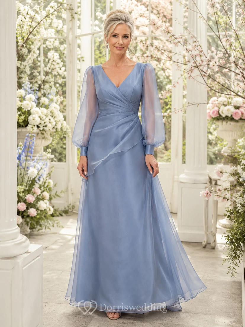 Elegantes, stahlblaues, bodenlanges A-Linien-Frühlingskleid aus drapiertem Organza mit V-Ausschnitt, langen Ballonärmeln und V-Ausschnitt – perfekt für die Mutter der Braut.