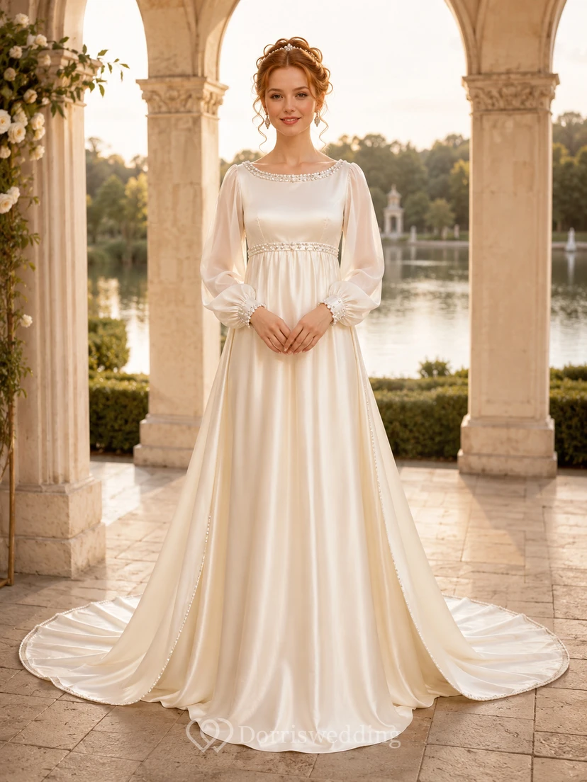 Modest Jewel Neck Satin Wedding A Line Empire Long Balloon Sleeve Court Train