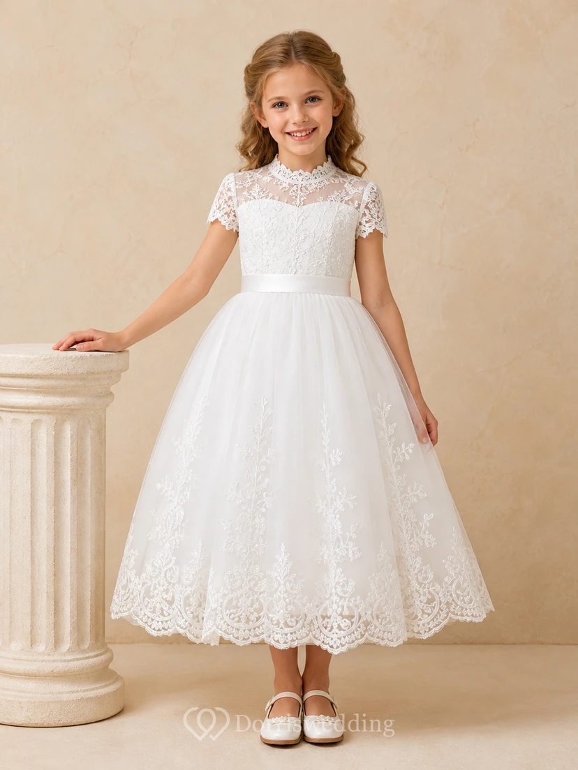 Modest Tea-length A-Line High Neck Cap Sleeve Romantic Tulle Flowergirl Dress