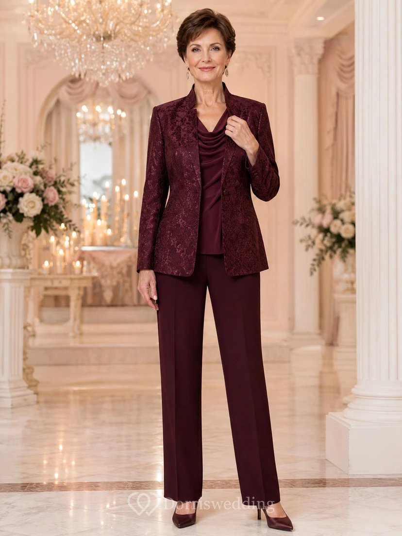 Burgunderfarbener, taillierter Hosenanzug mit geradem Bein, geradem Bein, tailliertem Blazer mit langen Ärmeln und drapiertem Wasserfallkragen im Vintage-Stil für die Mutter der Braut.