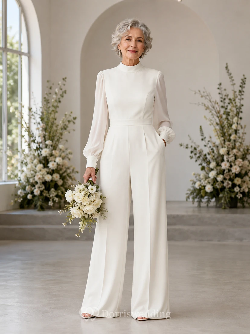 High Neck Long Sleeve Bridal Jumpsuit with Wide Leg Pants