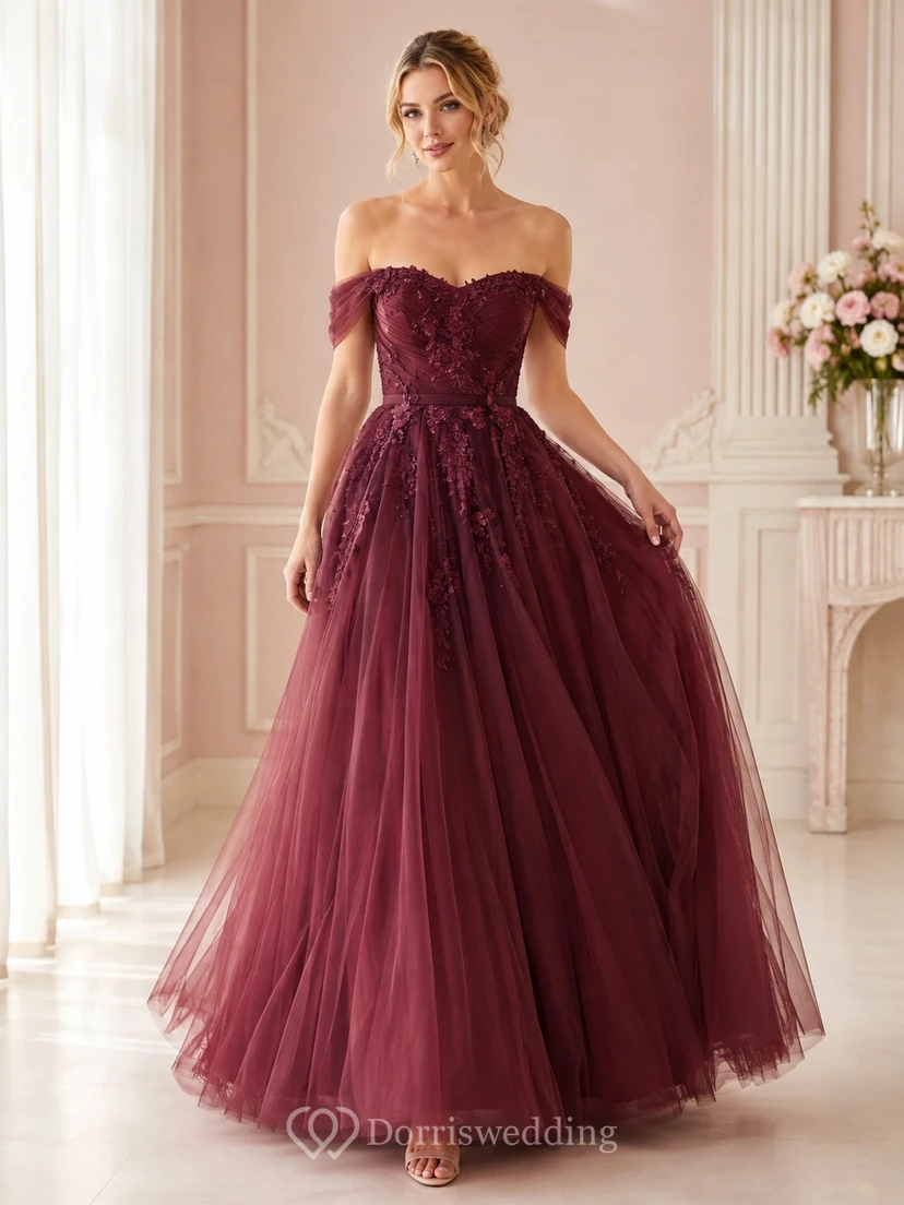 Burgundy Off-Shoulder Lace Applique Tulle Ball Gown Floor-Length Romantic Dress