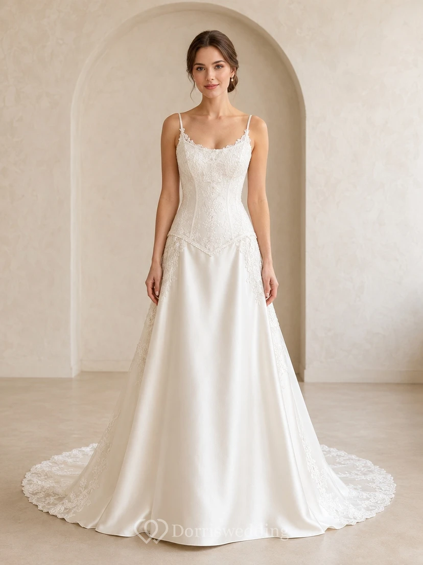 Vestido de novia de satén con cola larga y corte en A para ceremonia nupcial