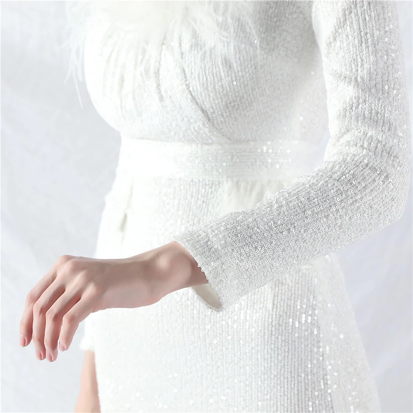 Craft-Made Ostrich Feather Long-Sleeved Beads Evening Dress view 9