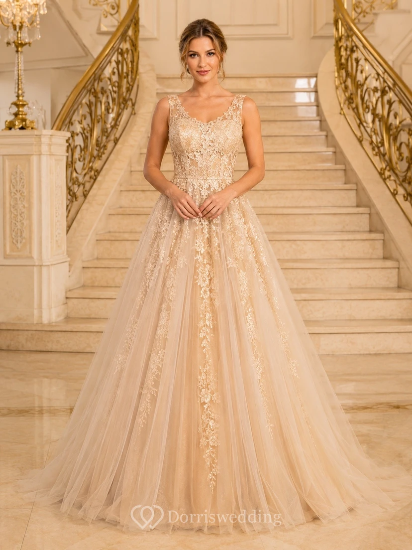 Champagne Long Sleeve Lace Embroidery Ball Gown Sweep Train Formal Dress