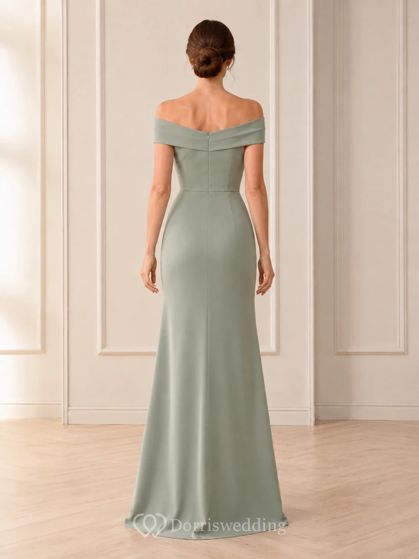 Sage Elegant Off-Shoulder Short-Sleeve Satin Sheath Floor-Length Formal Dress view 2