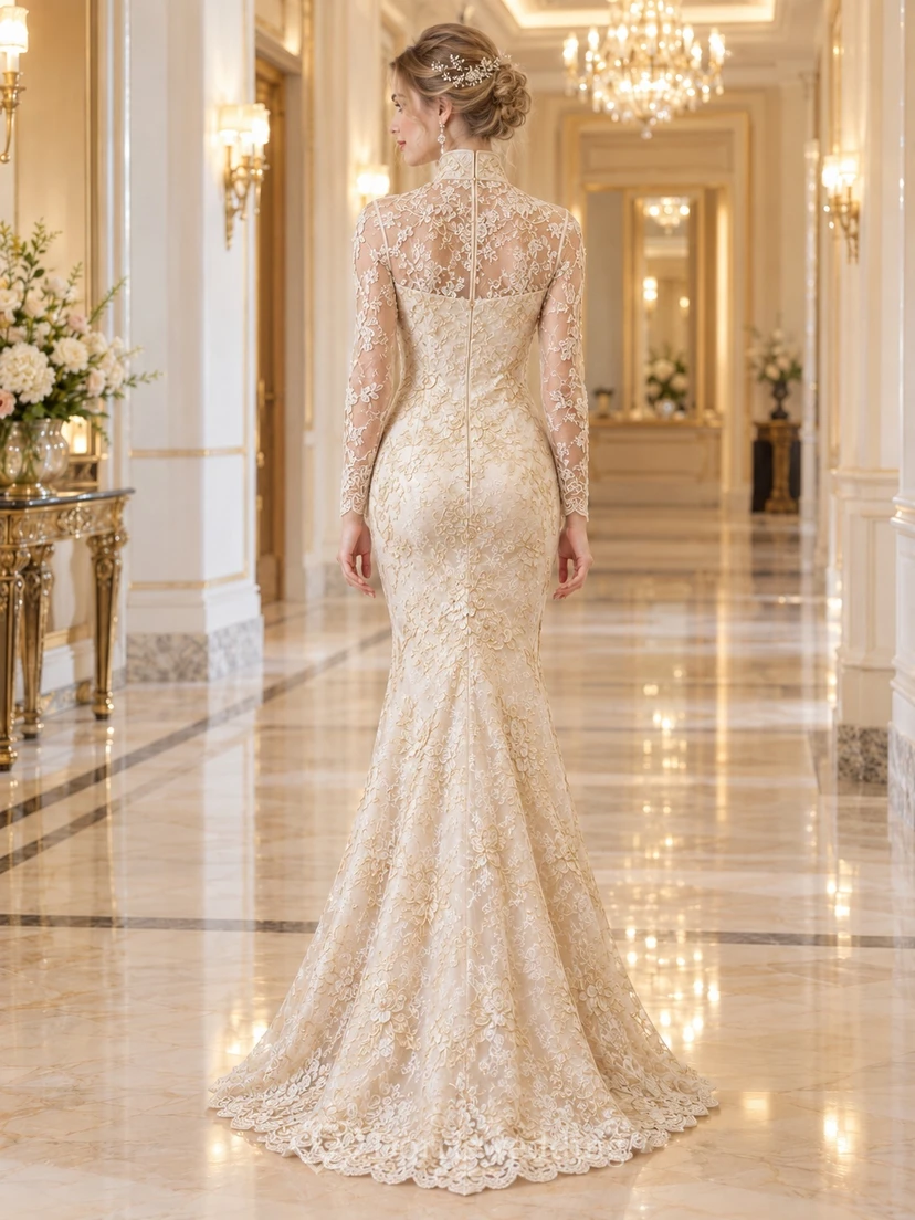 Modest High Neck Long Sleeve Champagne Floral Lace Wedding Cheongsam view 2