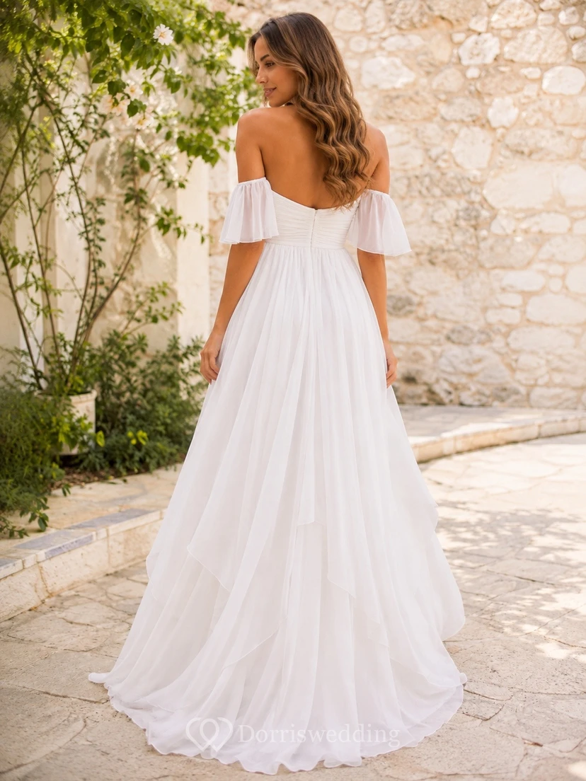 Bohemian Chiffon Off-the-Shoulder A-Line Sweep-Train Bridal Wedding Dress view 2