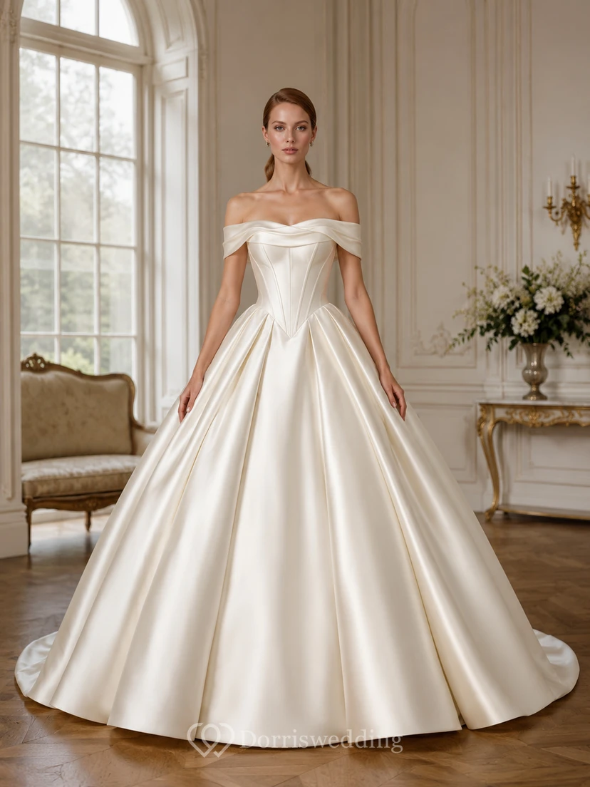 Robe de mariée minimaliste en satin, robe de bal à épaules dénudées et traîne.