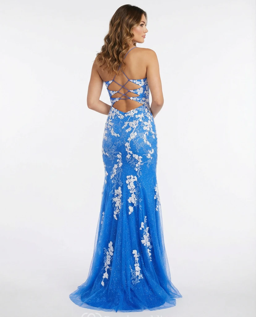 Spaghetti Strap Lace Mermaid Split Gown view 2