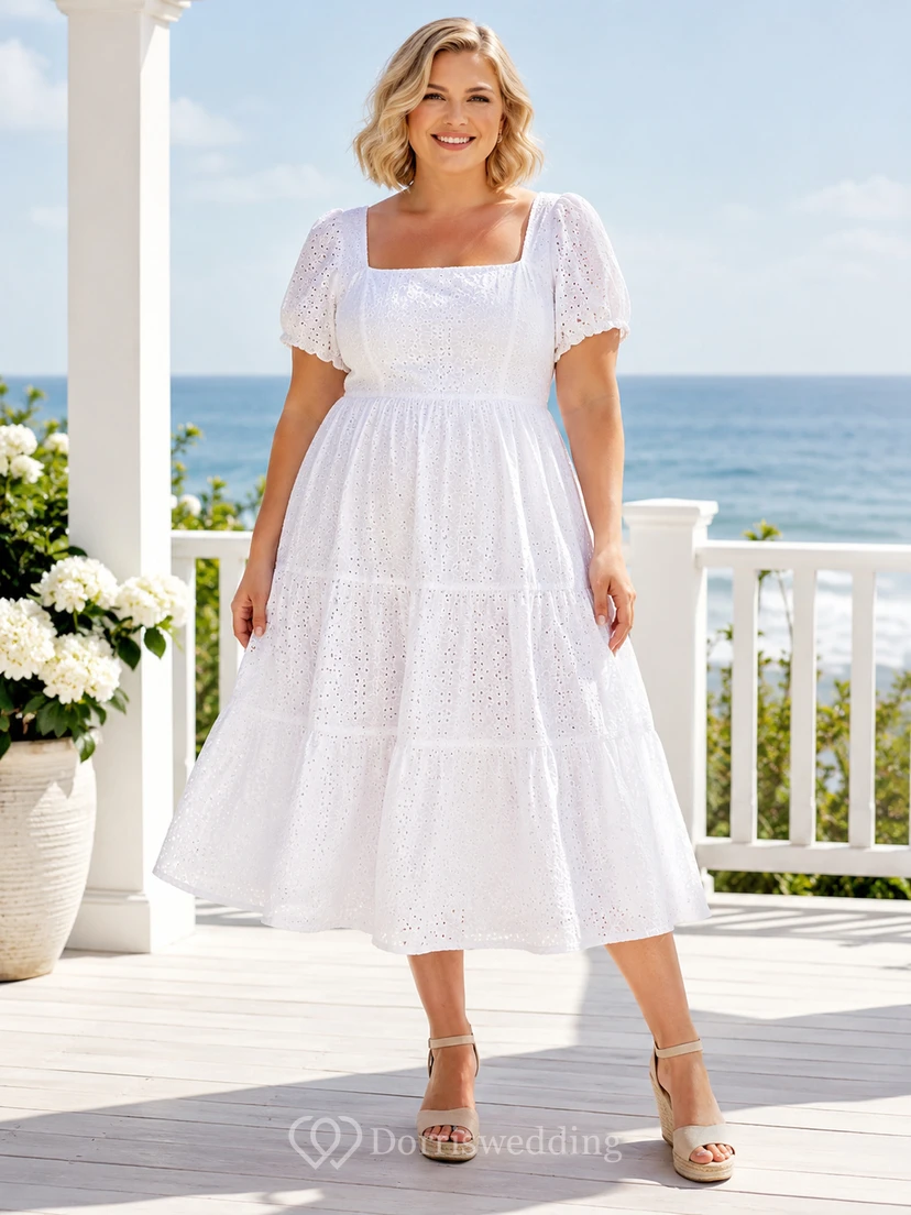 Weißes Plus-Size-Teekleid mit quadratischen Puffärmeln und Stufenstickerei, Lochstickerei