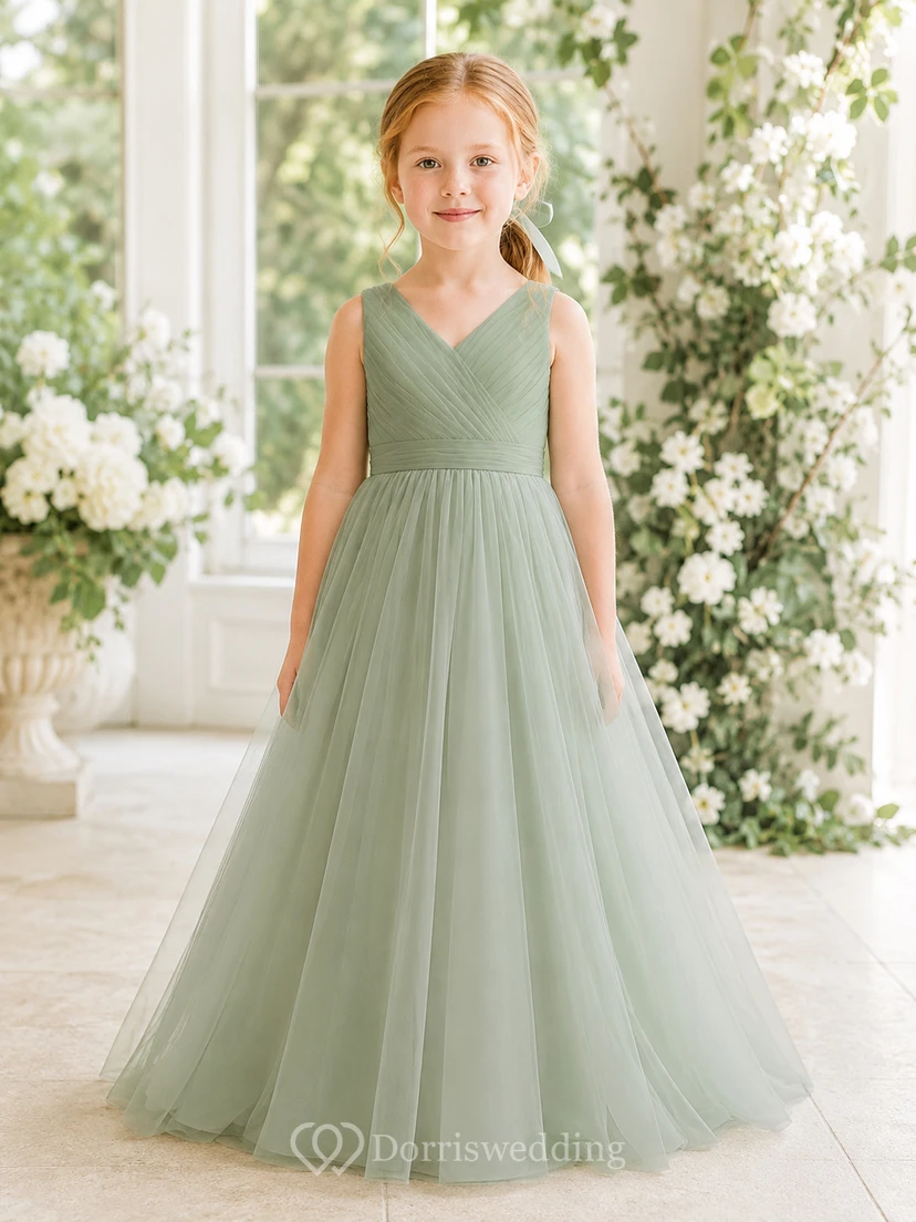 Sage V-Neck Tulle A-Line Flower Girl Dress with Floor-Length Skirt and Pleated Skirt