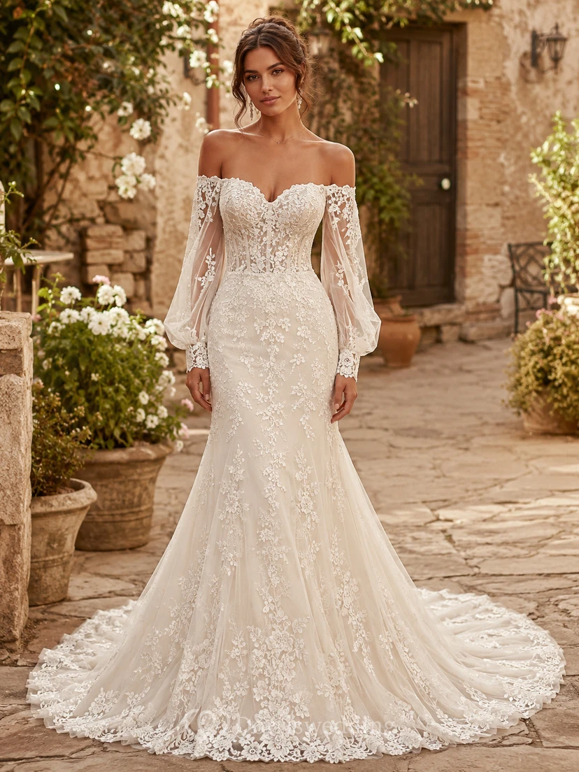 Boho-Brautkleid im Meerjungfrauenstil mit schulterfreiem Ausschnitt, floraler Spitze, langen Bischofsärmeln und taillierter Schleppe
