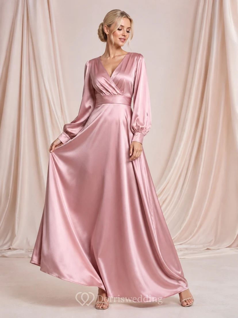 Mauve Cowl Neck Long Sleeve Satin A-Line Floor Formal Dress