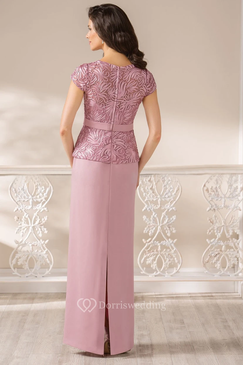 V-Neck Cap-Sleeved Long Peplum Style Gown With Appliques view 2