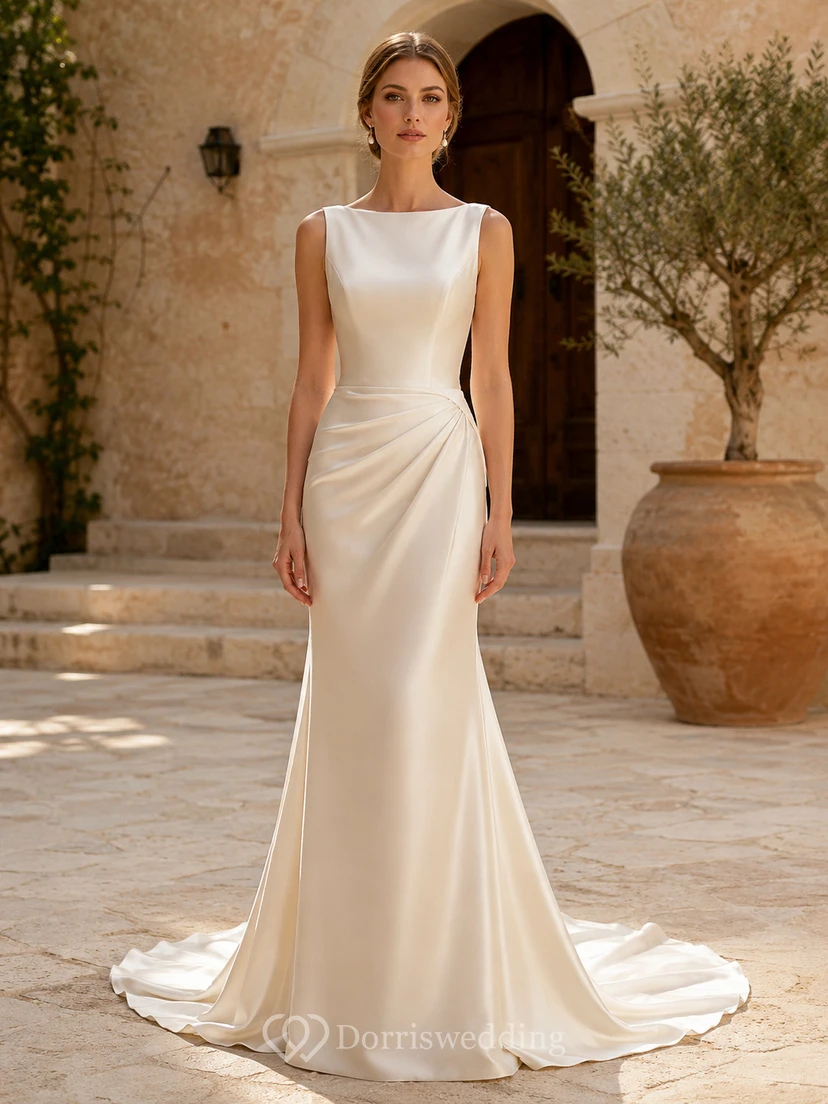 Vestido de novia de satén drapeado con escote barco color champán
