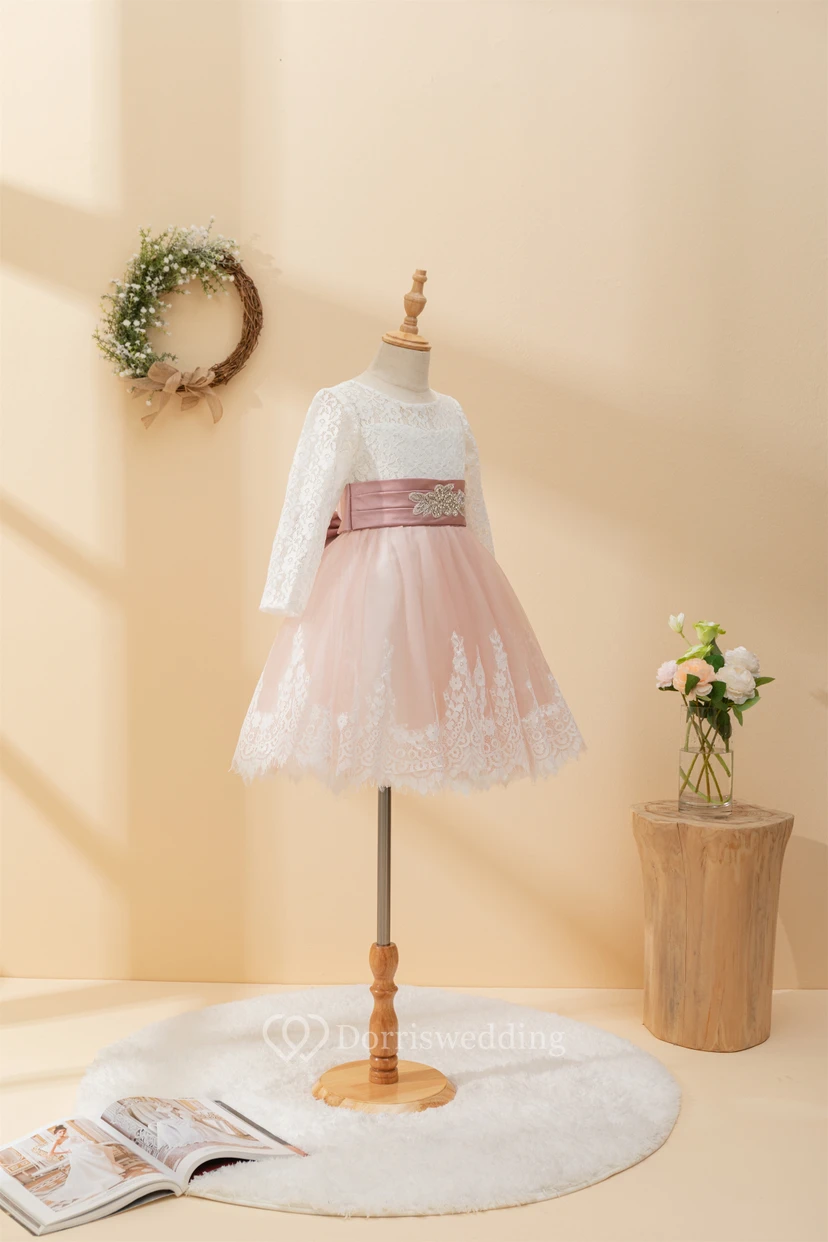 Lace Two-Tone Long Sleeve Short White and Coral Flowergirl Dress view 4