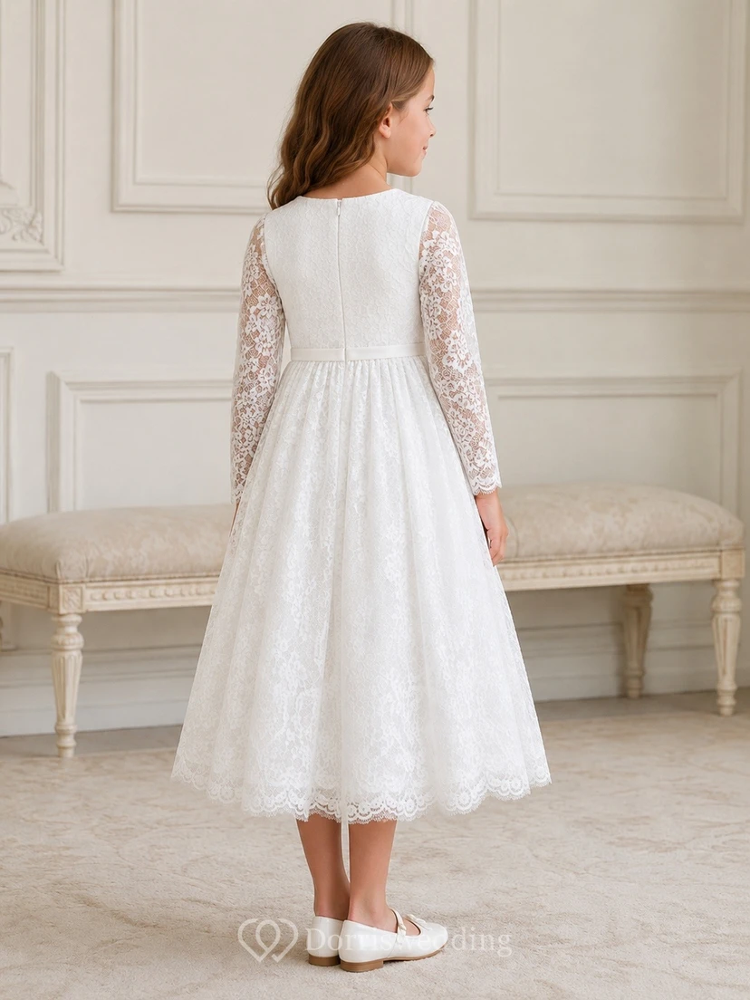 White Lace High Neck Illusion Long Sleeve Ankle-Length Flowergirl Dress view 2