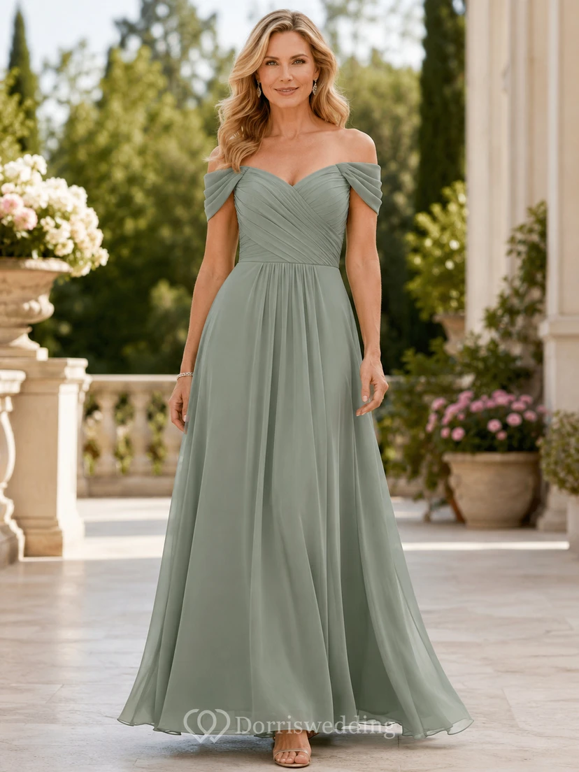 Vestido formal de gasa color verde salvia con hombros descubiertos para mujer madura.