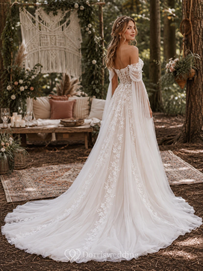 Vestido de novia bohemio con hombros descubiertos, corpiño de corsé de encaje floral, mangas drapeadas y cola en línea A. view 2