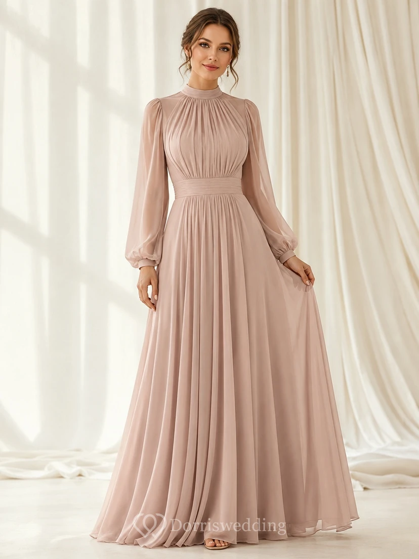 Abendkleid in Altrosa, A-Linie, Chiffon, hoher Kragen, Falten, lange Ärmel, schlichtes formelles Kleid