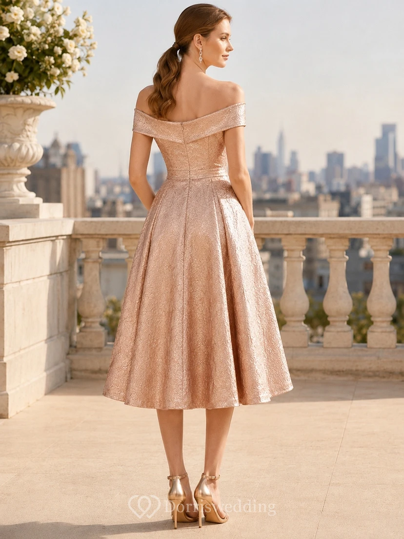 Champagne Satin Off-Shoulder Short-Sleeve A-Line Midi Formal Dress view 2