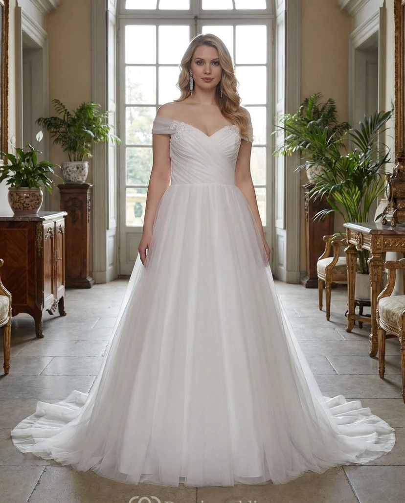 Off Shoulder Plus Size Tulle Ball Gown Wedding Dress with Ruched Bodice and Train