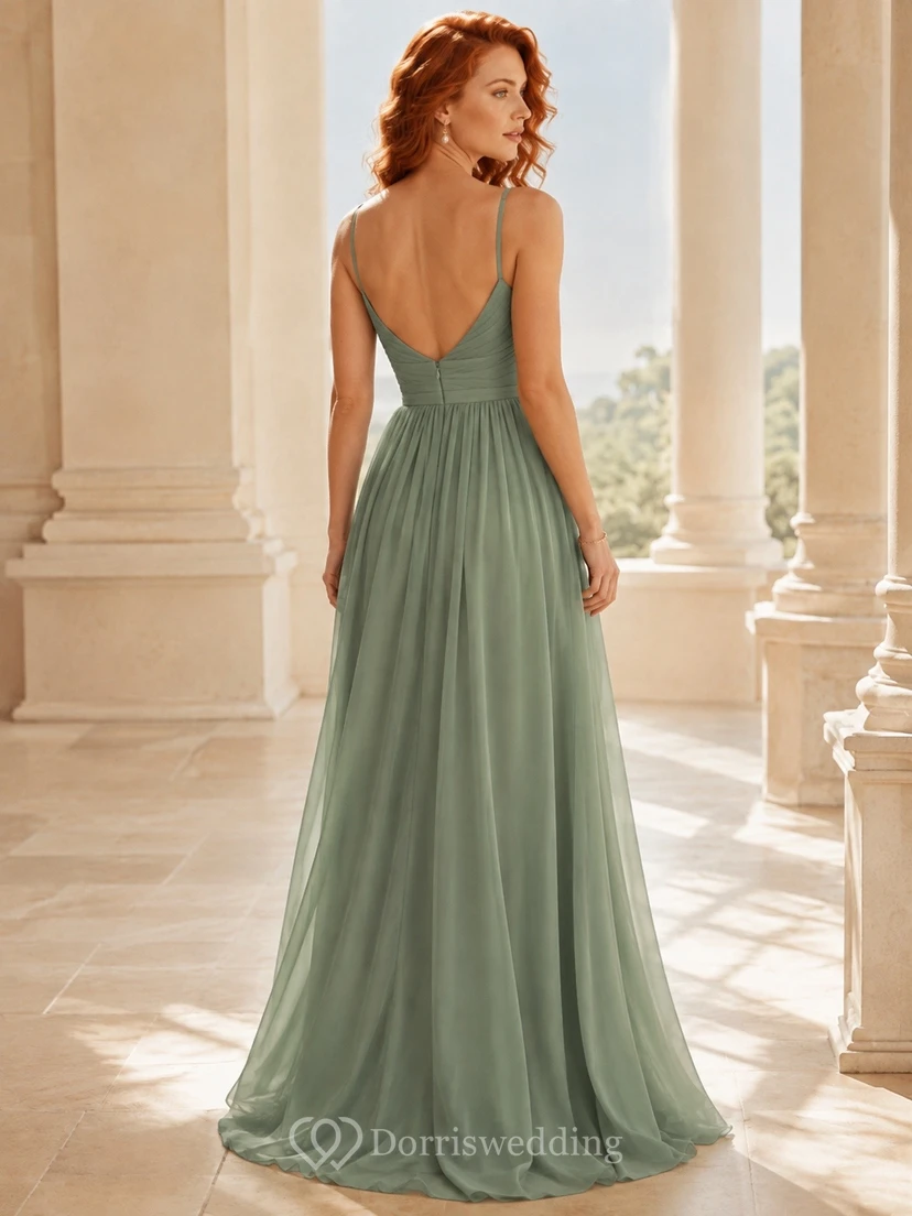 Spaghetti Sage A-Line Chiffon Split Front Bridesmaid Evening Dress view 2