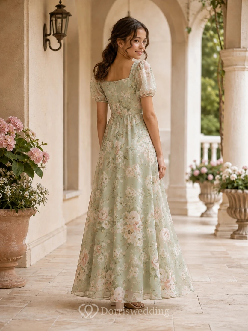 Celadonfarbenes Brautjungfernkleid für junge Mädchen, A-Linie, eckig, kurze Ärmel, Puffärmel, Chiffon, floral, romantisch view 2