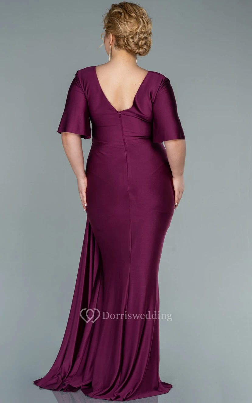 Charming V-neck Half-sleeve Sheath Mermaid Ruched Front Split Plus Size Evening Dress view 10