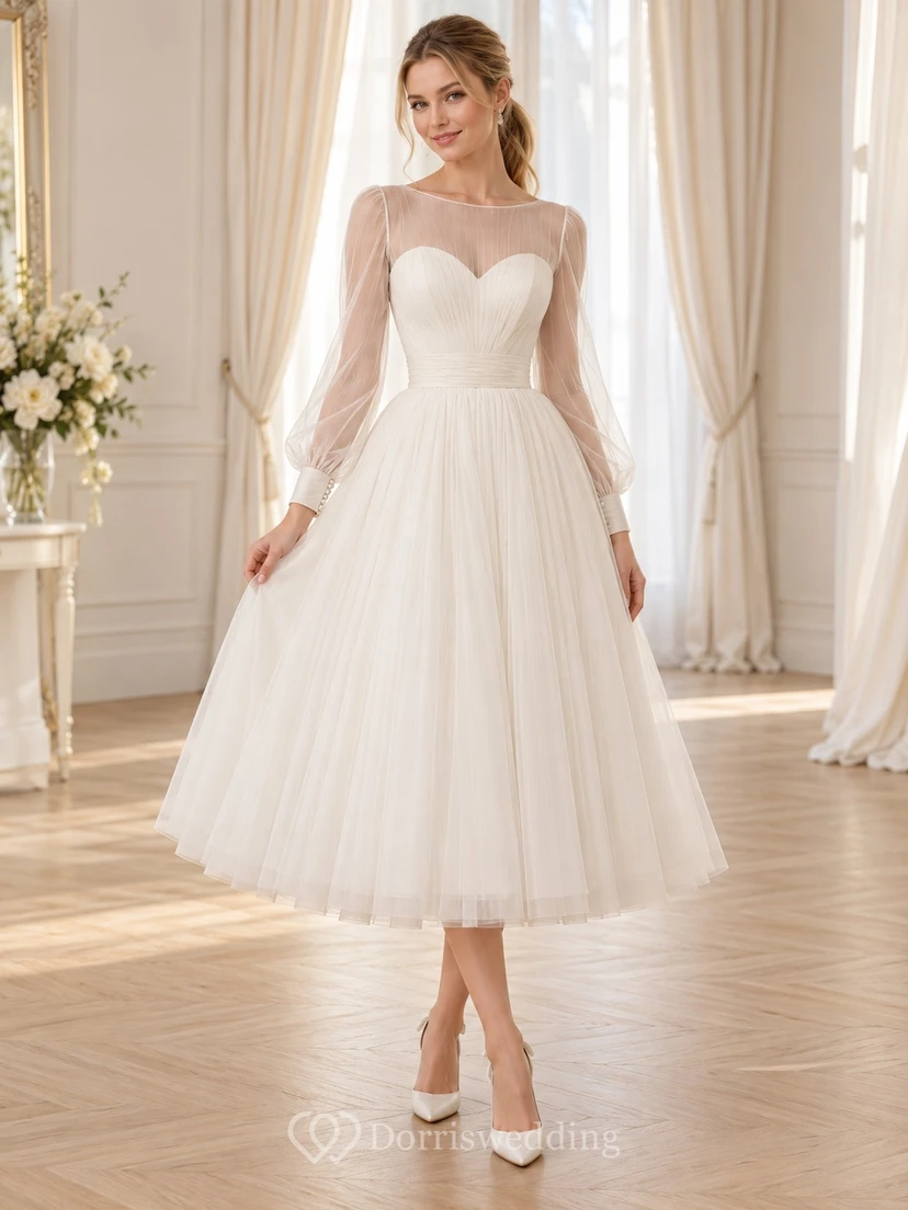 Tea-length Simple Long Sleeve Illusion Tulle A-line Civil Wedding Dress